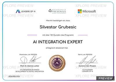 Watermarked preview of the AI Integration Expert certificate issued to Silvestar Grubesic